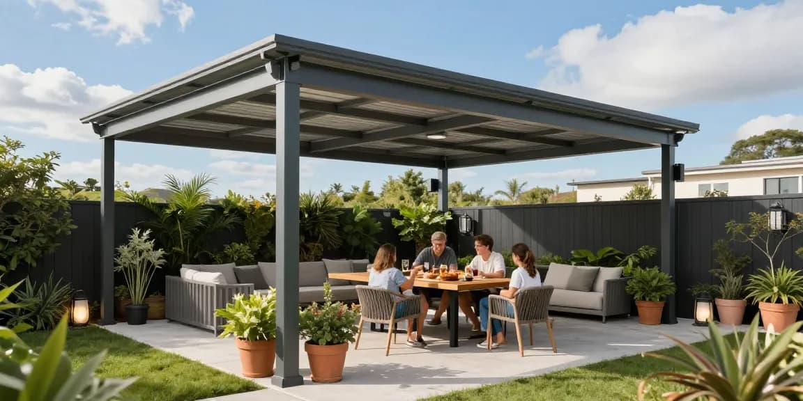 Elegante Terrassenüberdachung schafft eine einladende Atmosphäre für die Familie im Garten.