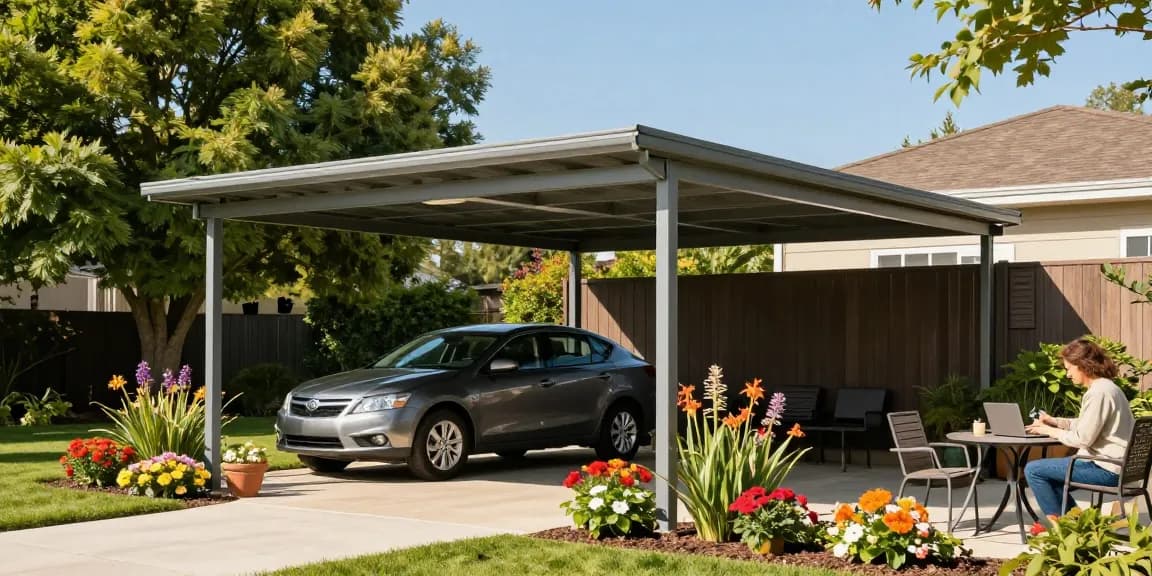 Modernes Carport im Garten mit Auto darunter und blühenden Blumen