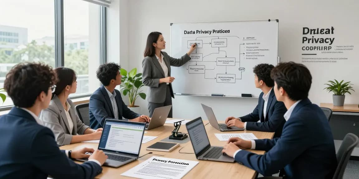 Professionelles Team in einem modernen Büro diskutiert Datenschutz Dienstleistungen und Compliance-Strategien.