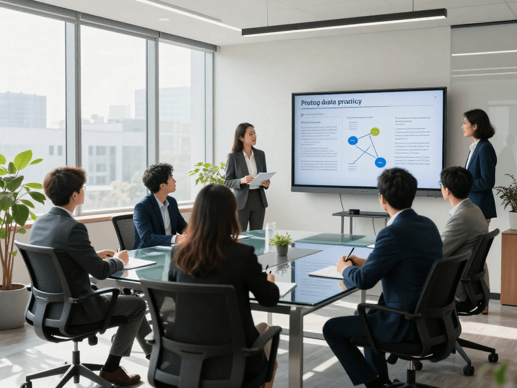 Captivated team in a training session on Datenschutz Dienstleistung in a modern office.