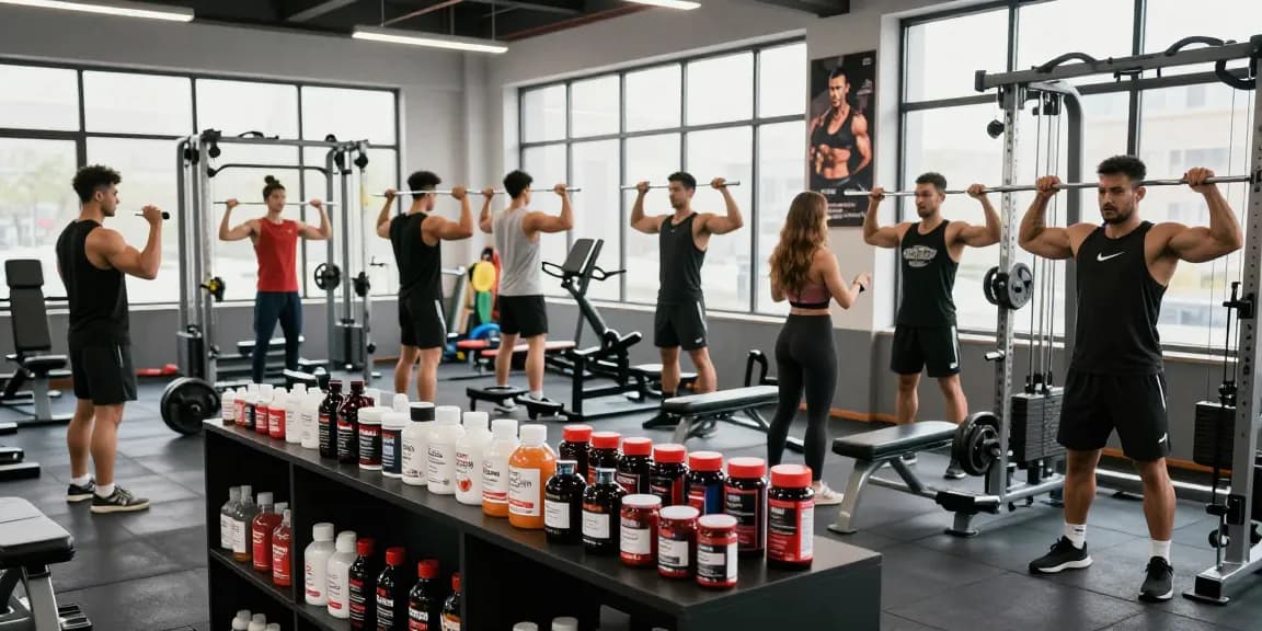Bodybuilder trainieren im Steroidshop mit Anabolika und Fitnessgeräten.
