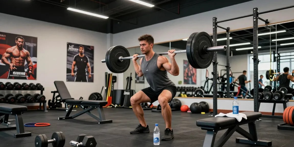 Anabolika kaufen für Krafttraining im Fitnessstudio mit konzentriertem Sportler.