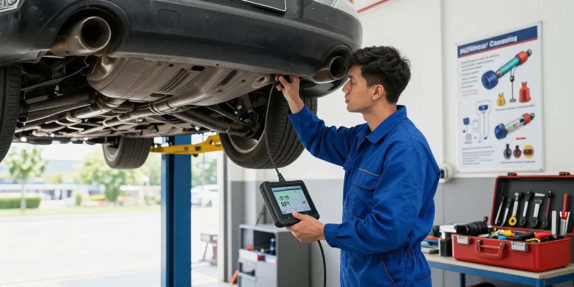 Mechaniker bei der DPF-Reinigung in einer gut beleuchteten Werkstatt mit Werkzeug und Diagnosegerät.