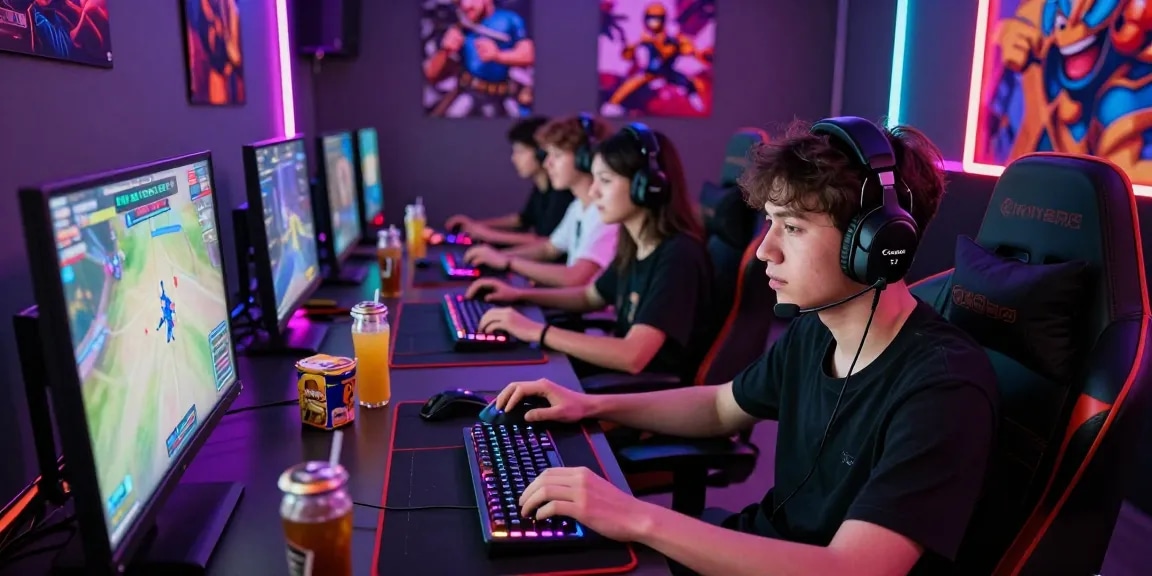 Exciting gaming atmosphere featuring FAFA828 as gamers enjoy vibrant multiplayer action in a lively lounge.