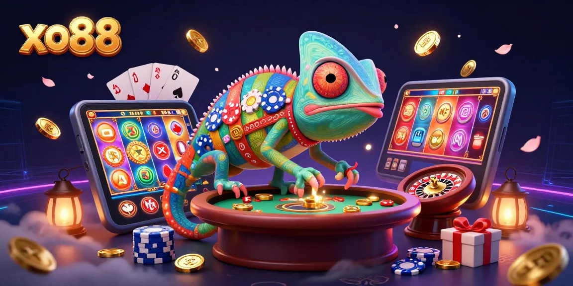 Experience the vibrant xo88 casino universe, featuring a dynamic chameleon owner amidst excitement.