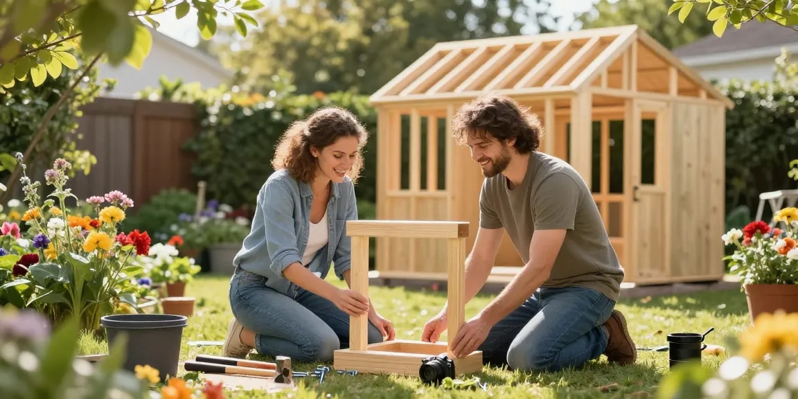 Gartenhaus kaufen: Ein Paar baut gemeinsam ein Holz-Gartenhaus im sonnigen Hinterhof.