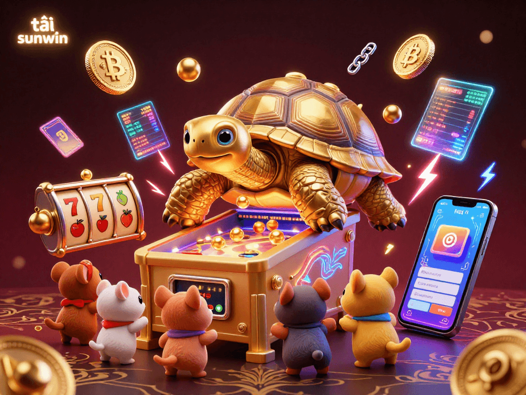 Experience exciting gameplay with tải sunwin, featuring a vibrant 3D cartoon scene of a golden tortoise and slot elements.