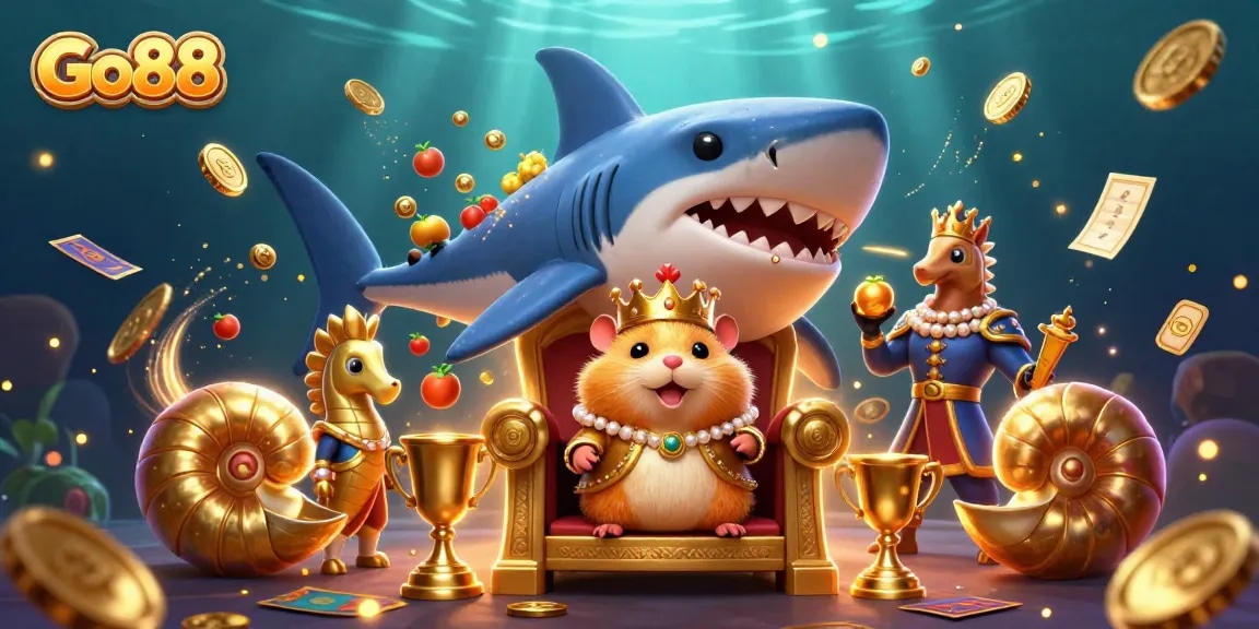 Spin to win big with Go88 in this vibrant 3D illustration showcasing a golden hamster king surrounded by exciting casino elements.