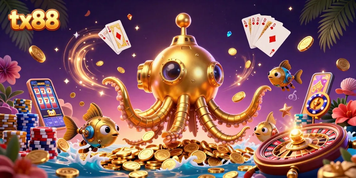 tx88 showcases a vibrant 3D casino scene with a golden kraken amidst flying coins.