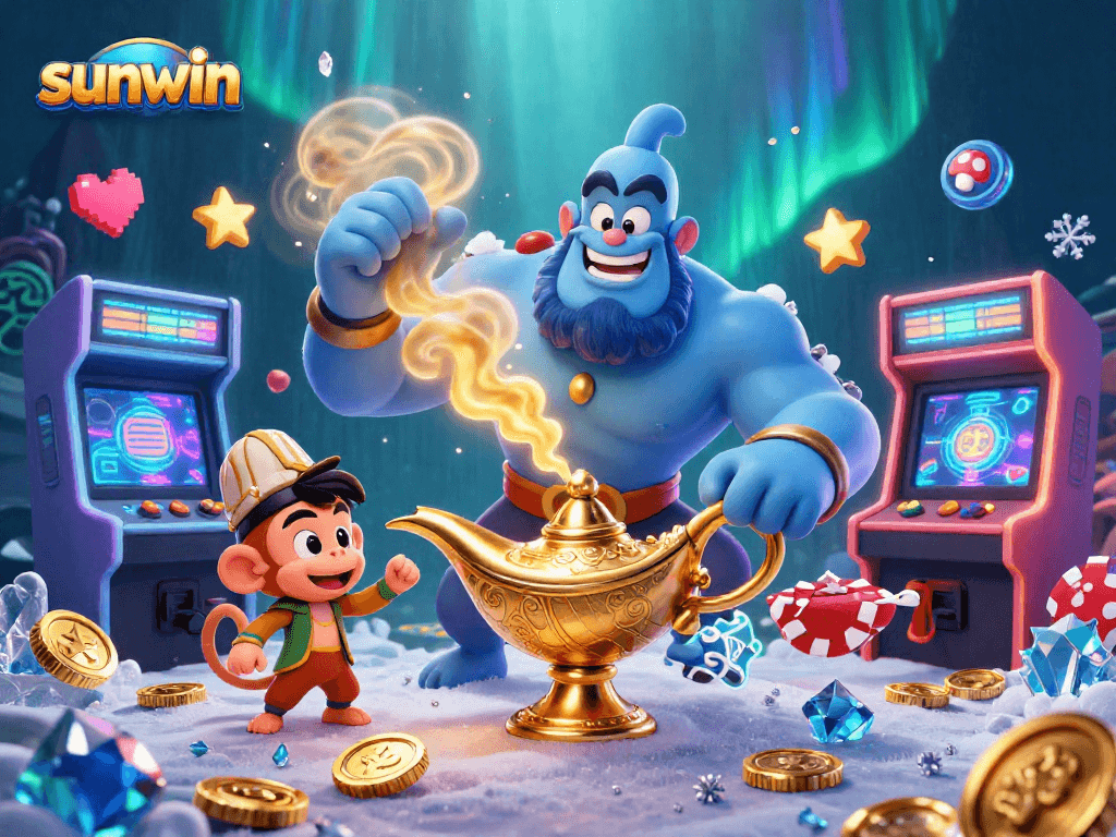 Experience the thrill of sunwin with a magical genie and lively casino elements.