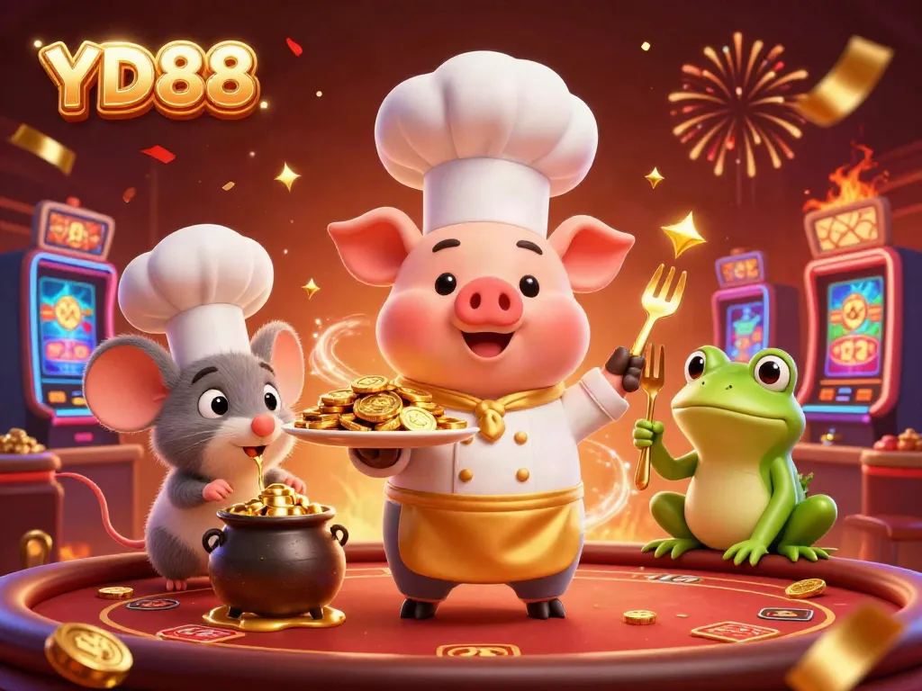 Experience YD88 magic with whimsical casino characters serving gold coins amidst a vibrant gaming backdrop.