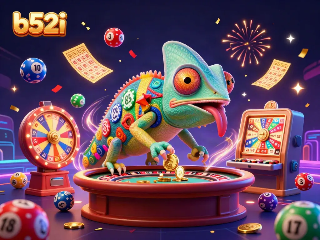 Experience vibrant gaming with b52i featuring a colorful casino chameleon surrounded by dynamic gaming elements.