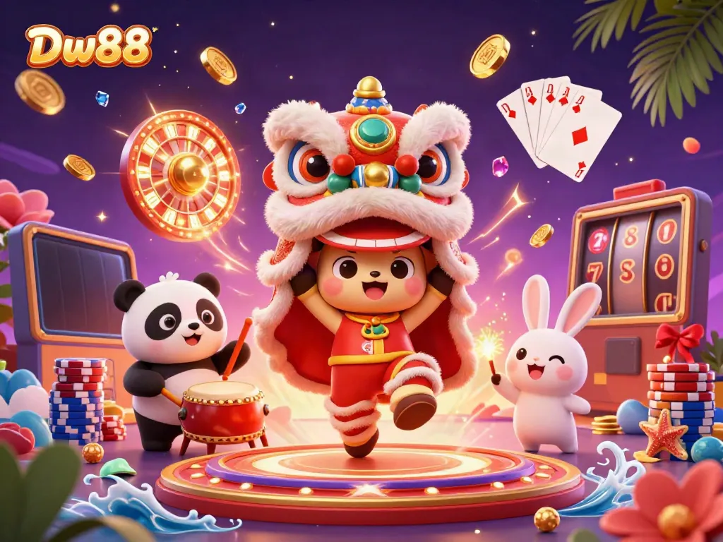 Experience thrilling gameplay at Dw88 with a colorful lion dance and lively casino elements.
