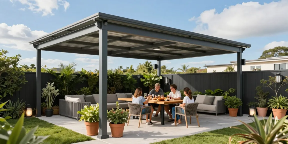 Elegante Terrassenüberdachung schafft eine einladende Atmosphäre für die Familie im Garten.