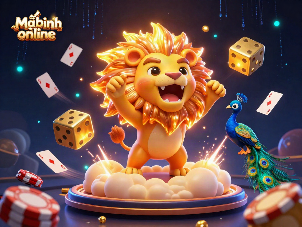 Mậu binh online showcases a vibrant 3D scene of a sun lion and poker elements, emphasizing skillful card play in an online casino.