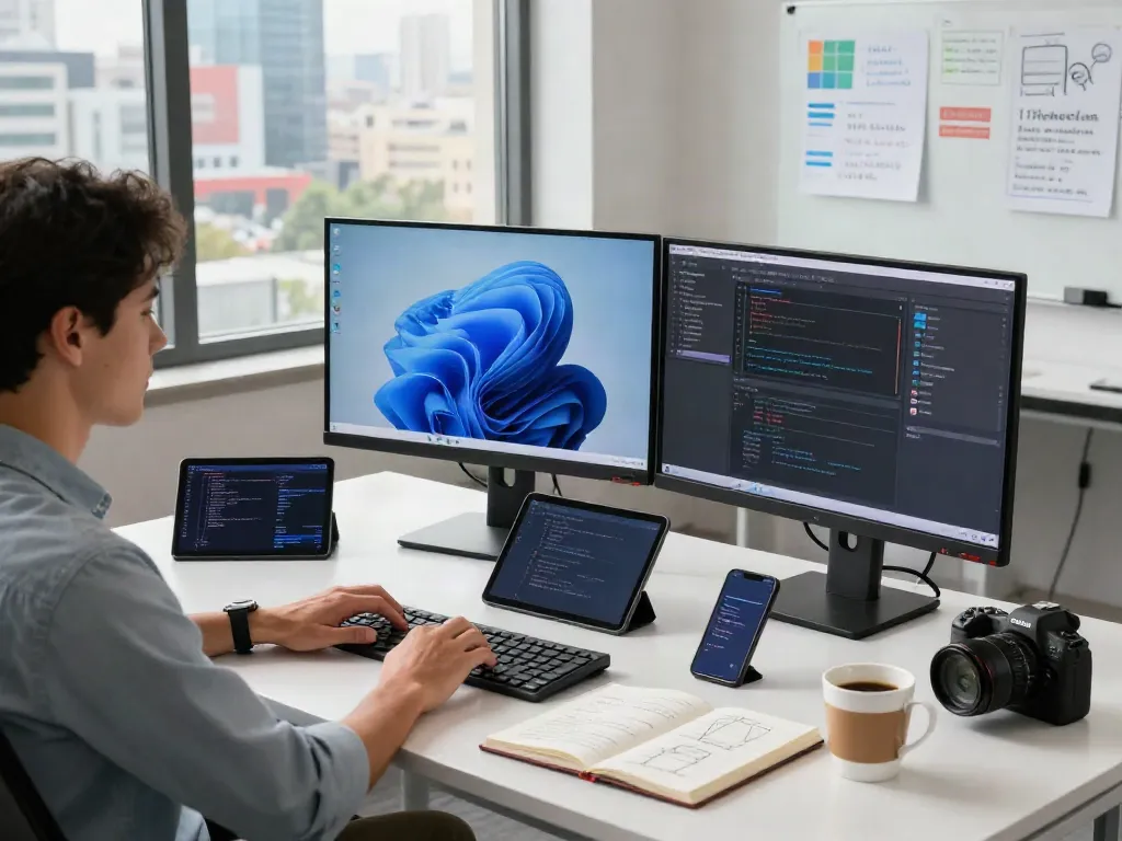 Windows 11 Pro Benutzeroberfläche auf modernen Bildschirmen in einem stilvollen Büro.