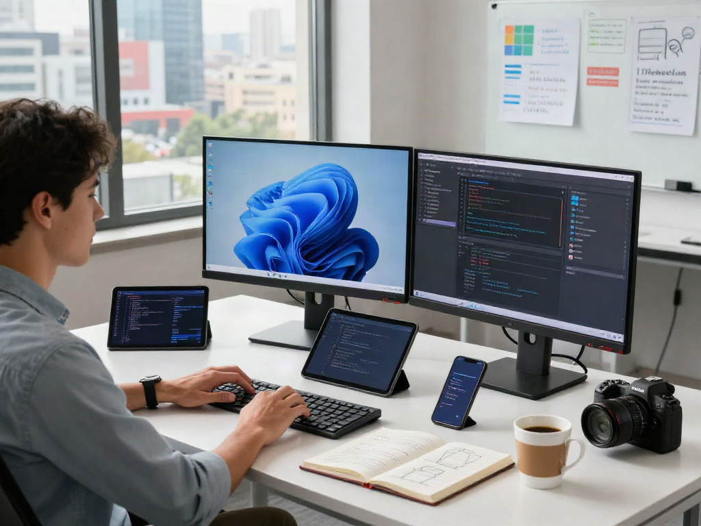 Windows 11 Pro Benutzeroberfläche auf modernen Bildschirmen in einem stilvollen Büro.