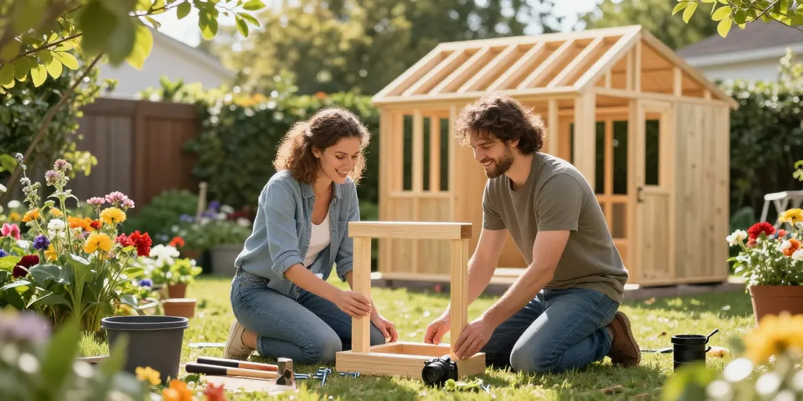 Gartenhaus kaufen: Ein Paar baut gemeinsam ein Holz-Gartenhaus im sonnigen Hinterhof.