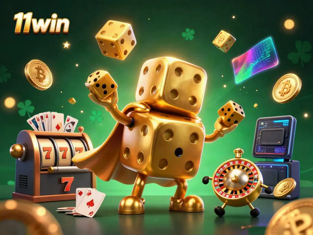 Experience the excitement of 11win with a lively 3D casino scene featuring giant golden dice and crypto elements.