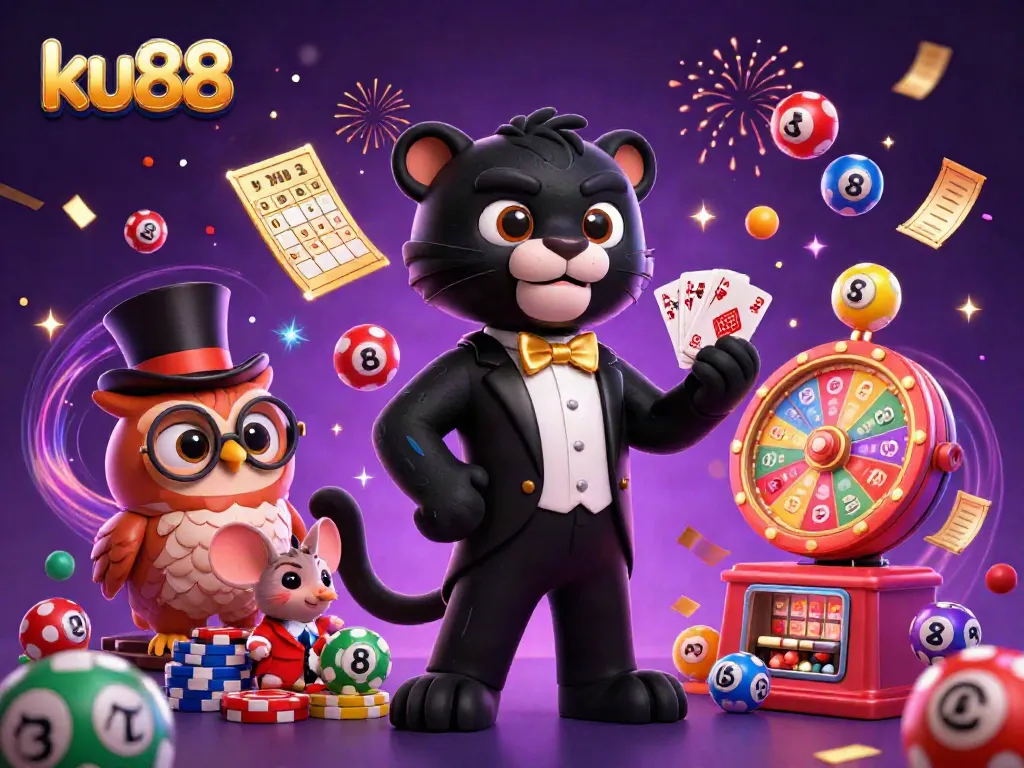 ku88 showcases a vibrant 3D scene with a tuxedoed panther dealing cards, surrounded by colorful lottery elements and confetti.