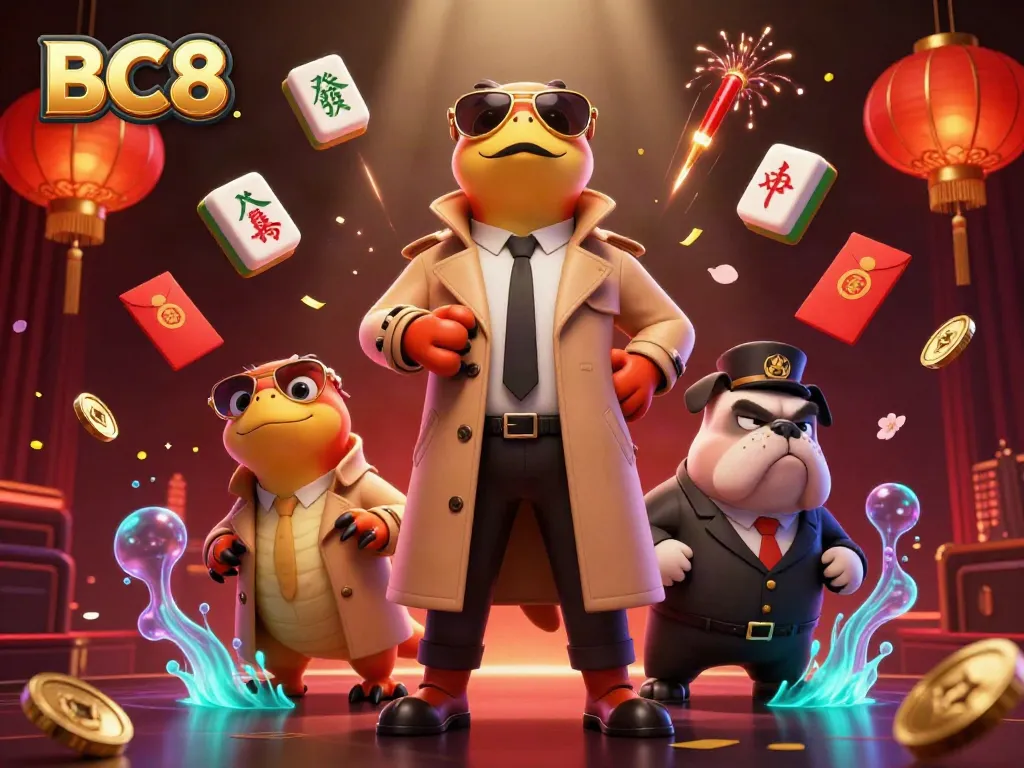 BC8 raptors in a trench coat attempt entry to a VIP casino lounge with festive elements surrounding.