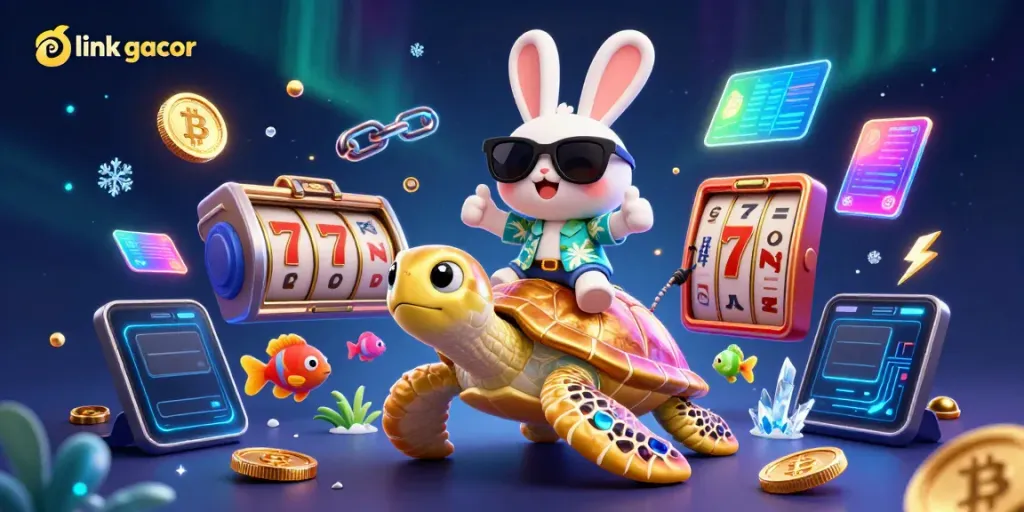 Experience the thrill of link gacor with a lucky rabbit and golden turtle amidst vibrant casino symbols.