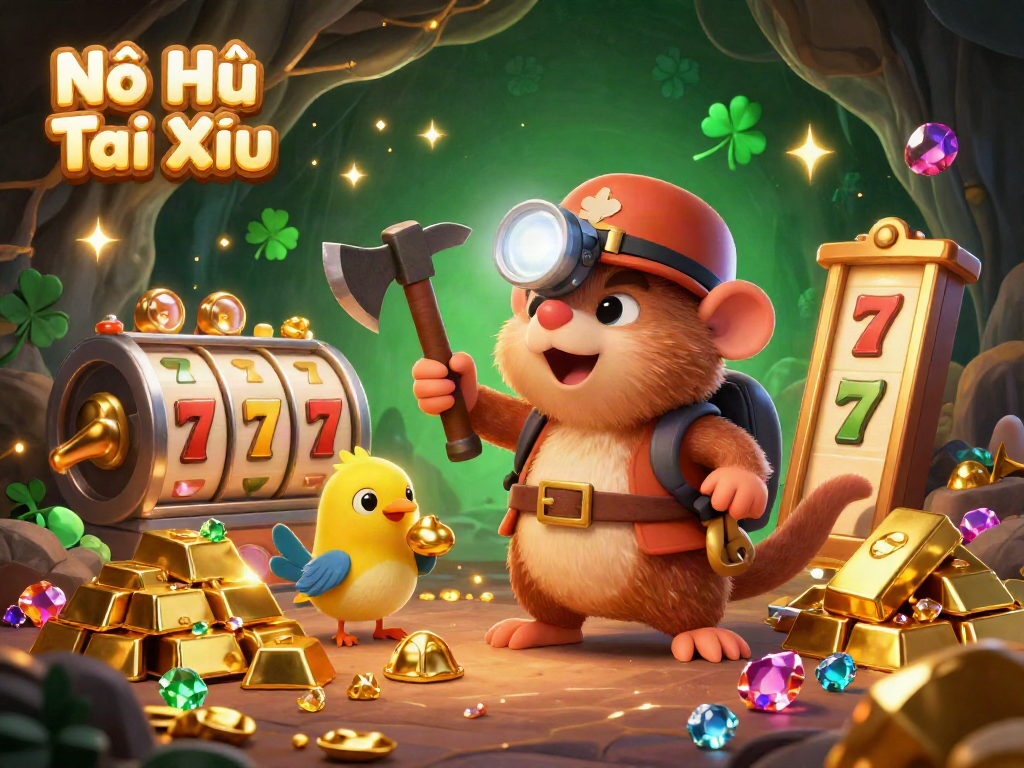 Engage in Nổ Hũ Tài Xỉu with a treasure hunter mole, jackpot slot reels, and sparkling gems.
