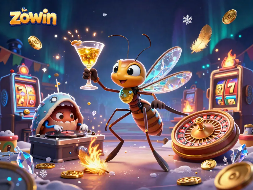 Zowin casino scene features a mosquito mascot, trilobite DJ, and ammonite wheel, capturing vibrant gambling excitement.