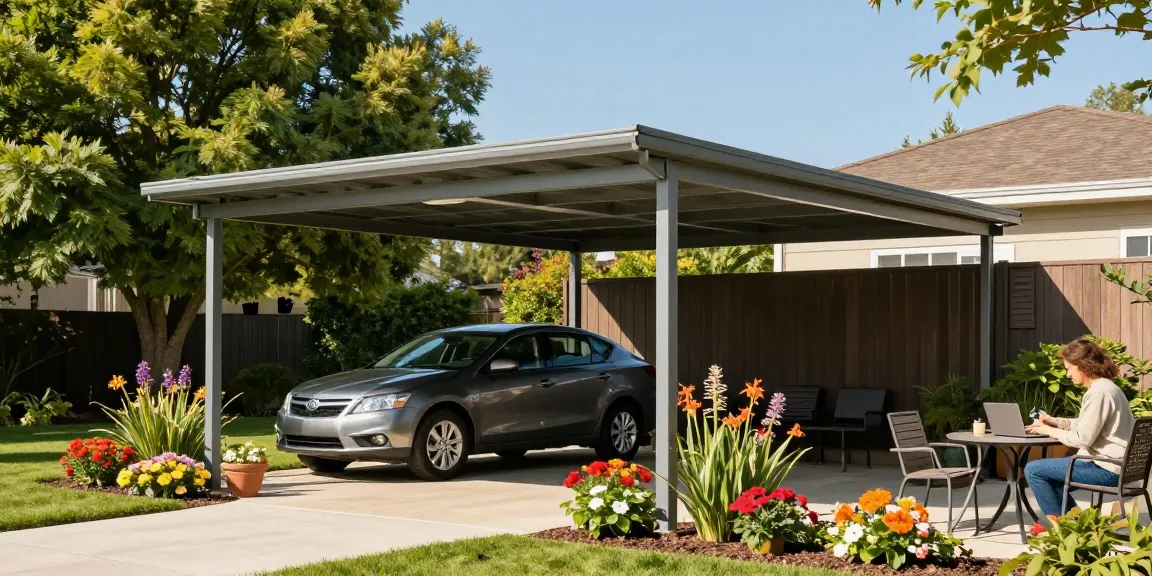 Modernes Carport im Garten mit Auto darunter und blühenden Blumen