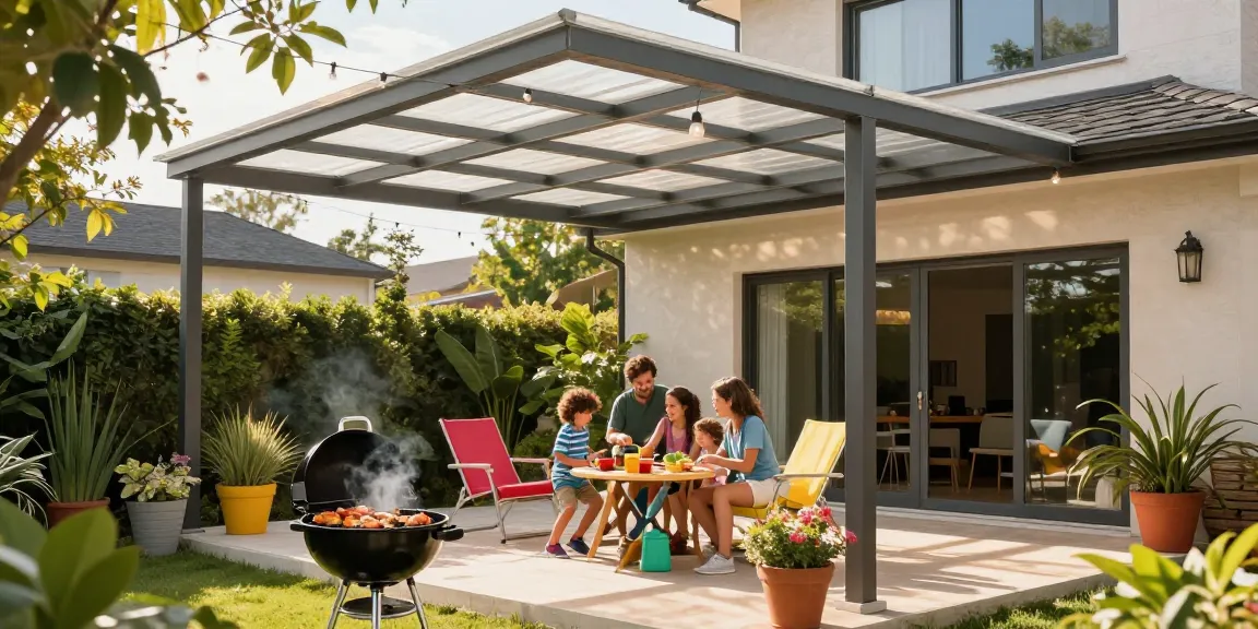 Schöne Terrassenüberdachungen aus Aluminium bieten perfekten Sonnenschutz für Familiengrillfeste.