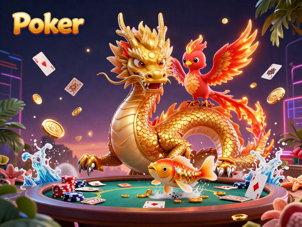 Experience excitement with poker, featuring a dragon and phoenix amidst vibrant casino elements.