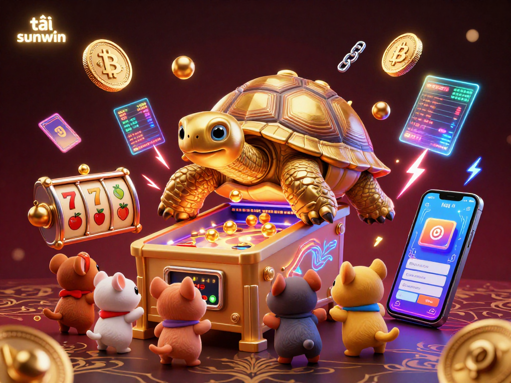 Experience exciting gameplay with tải sunwin, featuring a vibrant 3D cartoon scene of a golden tortoise and slot elements.