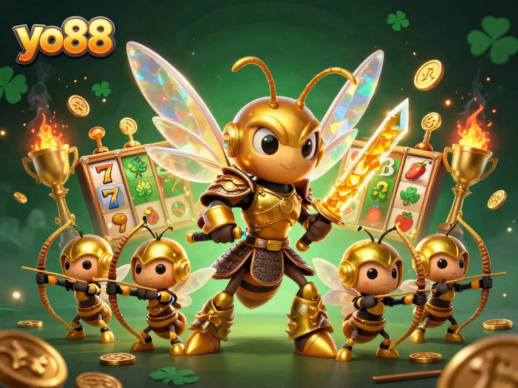 Experience thrilling gaming with yo88, featuring a dynamic 3D illustration of a golden hornet in samurai armor.