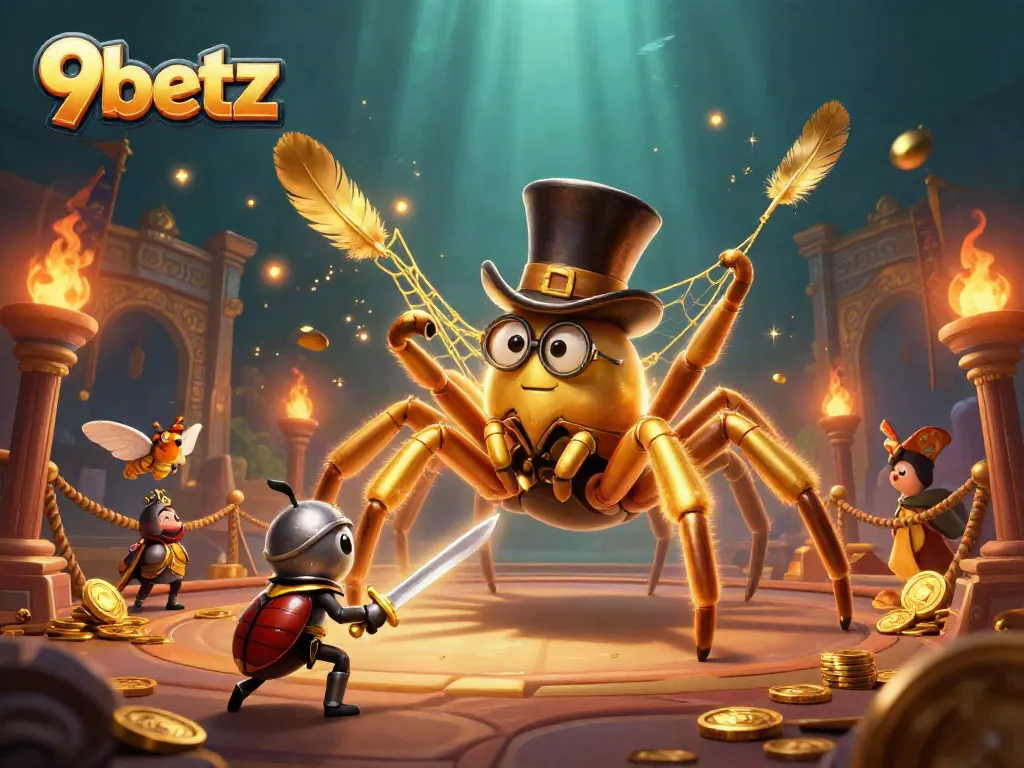 Experience thrilling gameplay at 9betz with a golden tarantula, beetle knight, and dazzling casino elements.