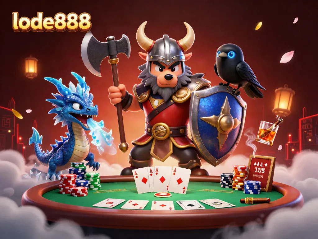 Engage with lode888's thrilling casino adventures featuring a Viking warrior, a dragon, and vibrant poker dynamics.
