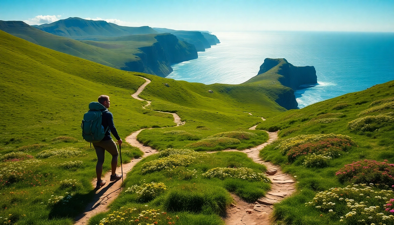 Dingle Way Fernwanderweg mit Wanderer, der die atemberaubende Aussicht auf die grüne Landschaft und den Atlantik genießt.