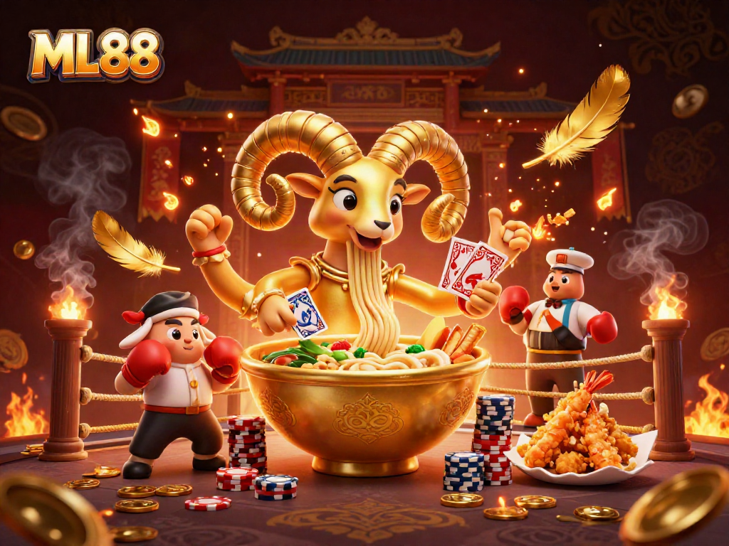 Engage with the vibrant ML88 online casino through this captivating illustration filled with themed characters and elements.