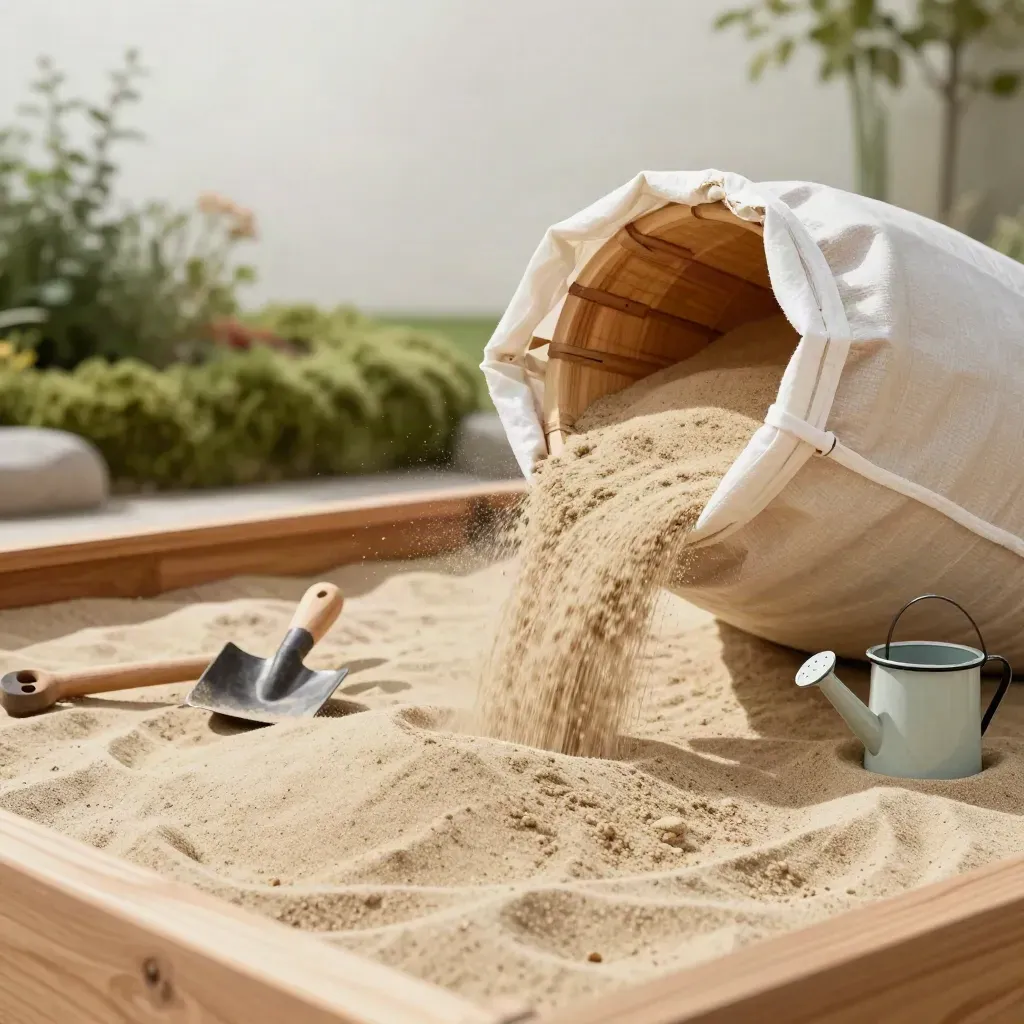 Offener Spielsand-Big-Bag füllt einen Holzsandkasten, mit Schaufel, Eimer und Gießkanne.