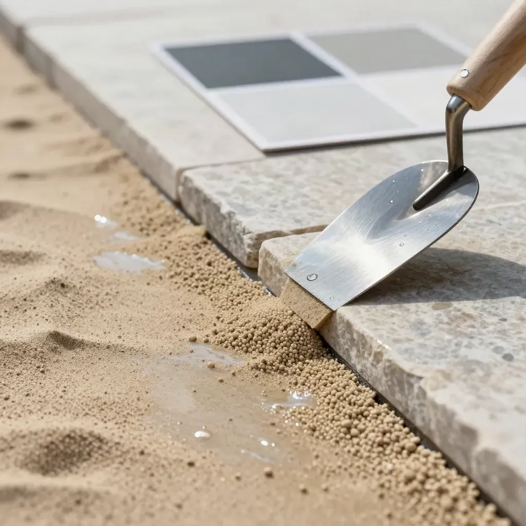 Pflastersand in einer feuchten Fuge zwischen hellen Steinplatten mit Kelle