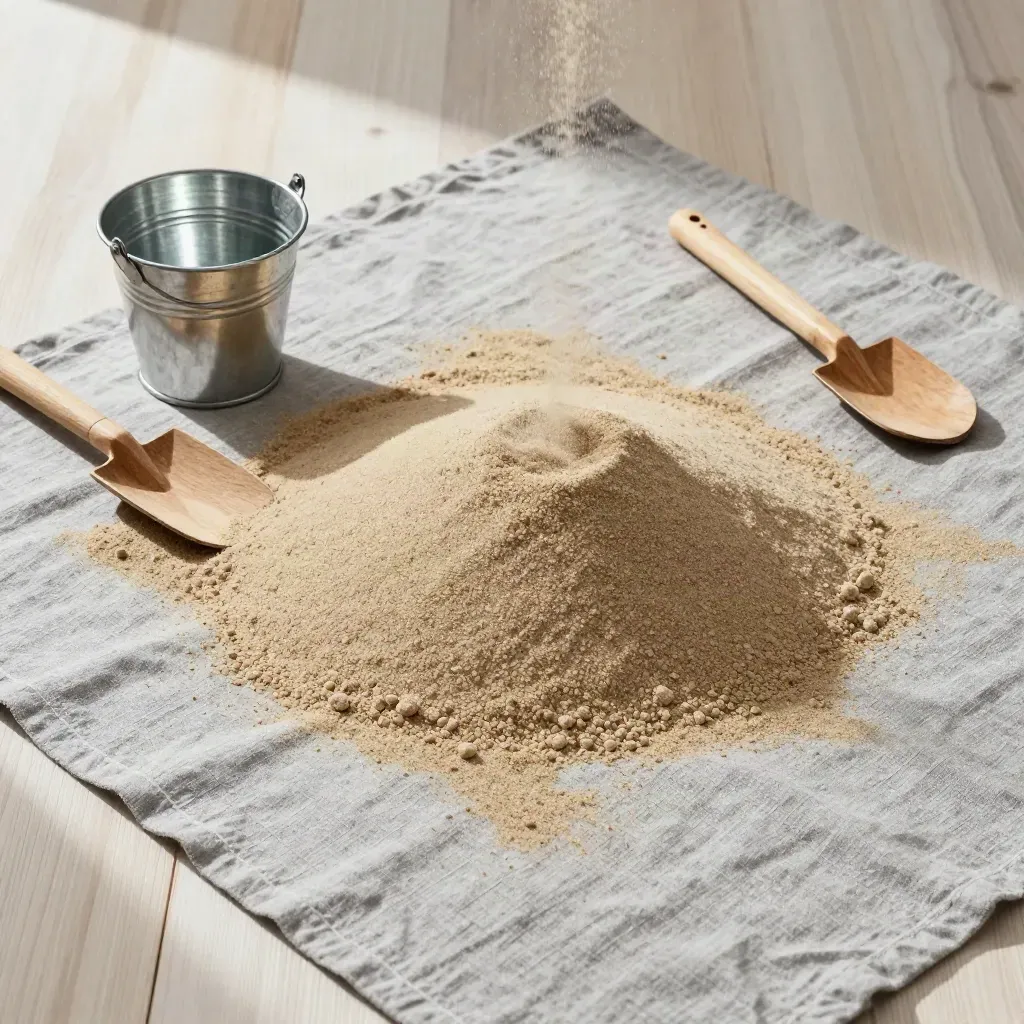 Fein gesiebter Spielsand mit Eimer, Holzschaufel und Formkante auf heller Leinenbahn.
