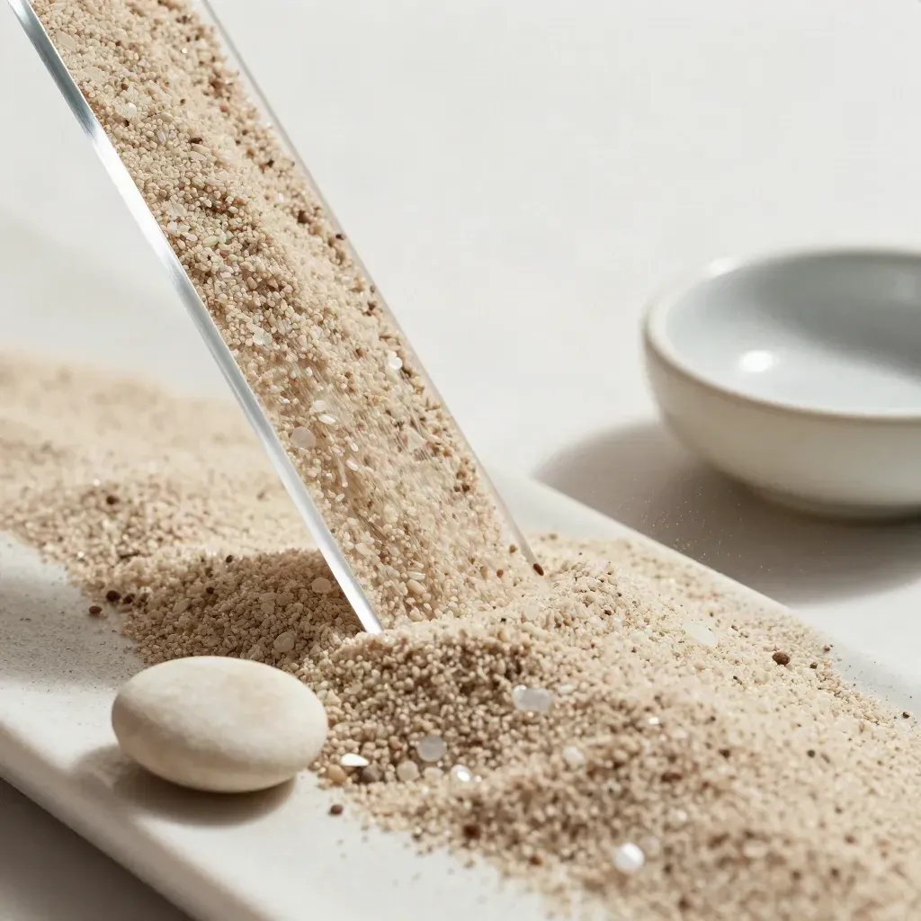 Feiner Quarzsand rieselt durch ein Siebvlies neben Kiesel und Schale in heller Makroaufnahme.