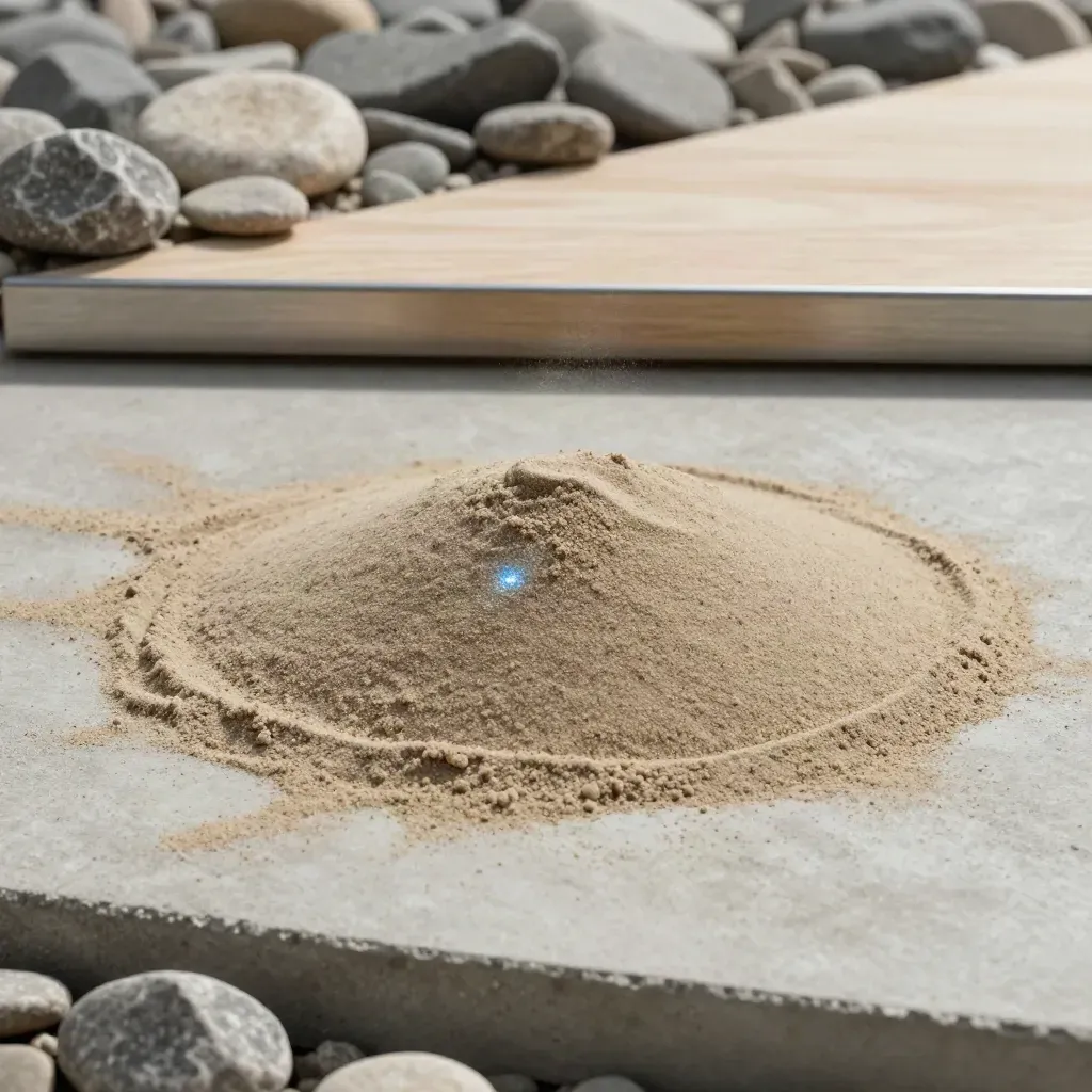 Gewaschener Füllsand als Hügel auf Beton mit Holzbohle, Stahlkante und Steinen