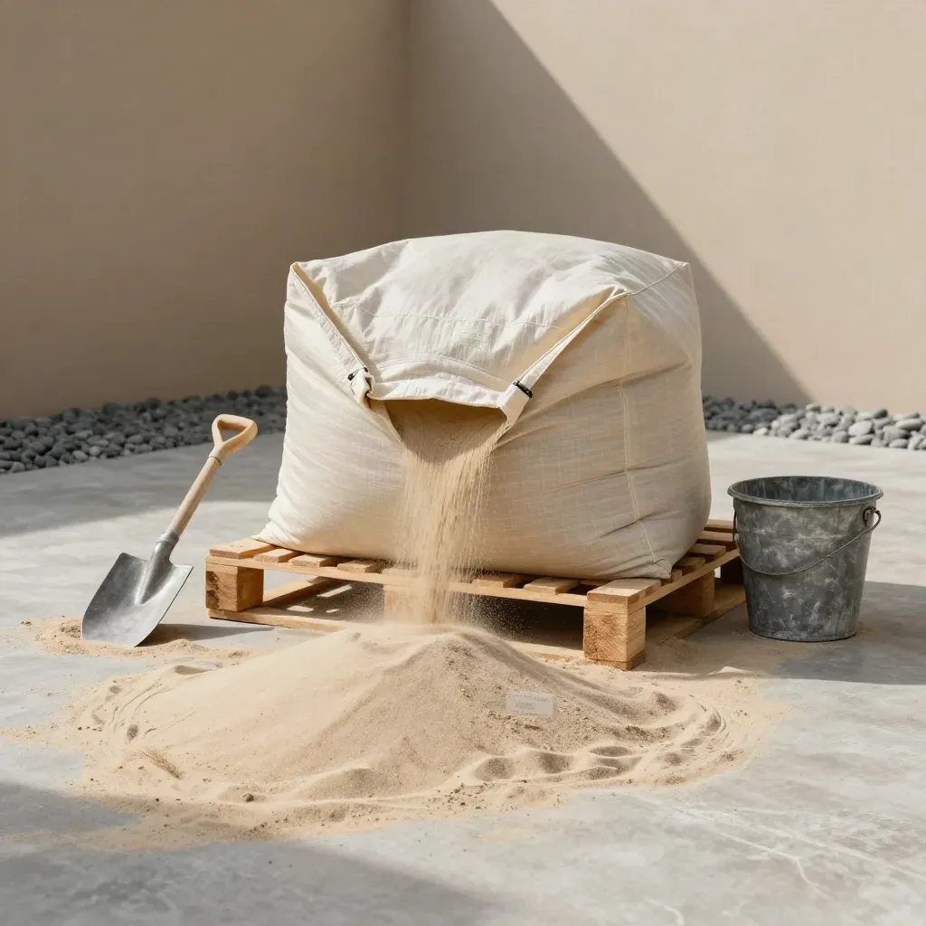 Big Bag Spielsand auf Palette mit Schaufel, Eimer und Sandhügel im Hoflicht