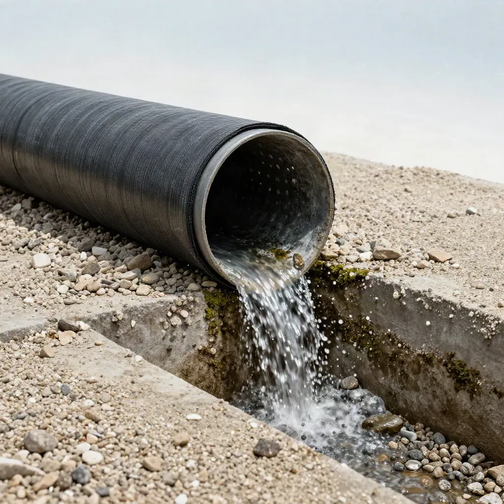 Drainagesplitt neben Rohrstück und Vlies, Wasser läuft sichtbar ab.