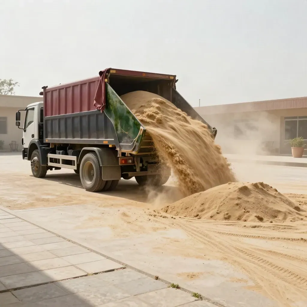 Ein Kipper-LKW kippt Sand auf einen Hof, Staub wirbelt in der Sonne auf.