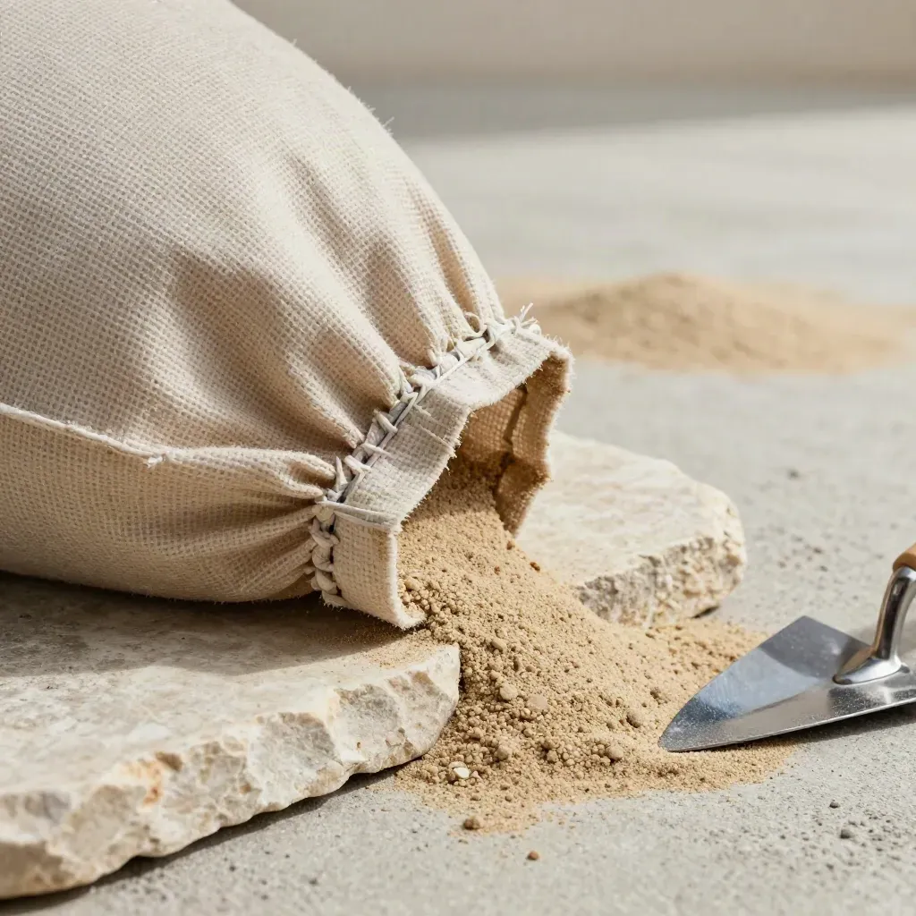 Makro eines Pflastersand-Sacks auf rauem Beton mit Steinplatte und kleiner Stahlkelle.