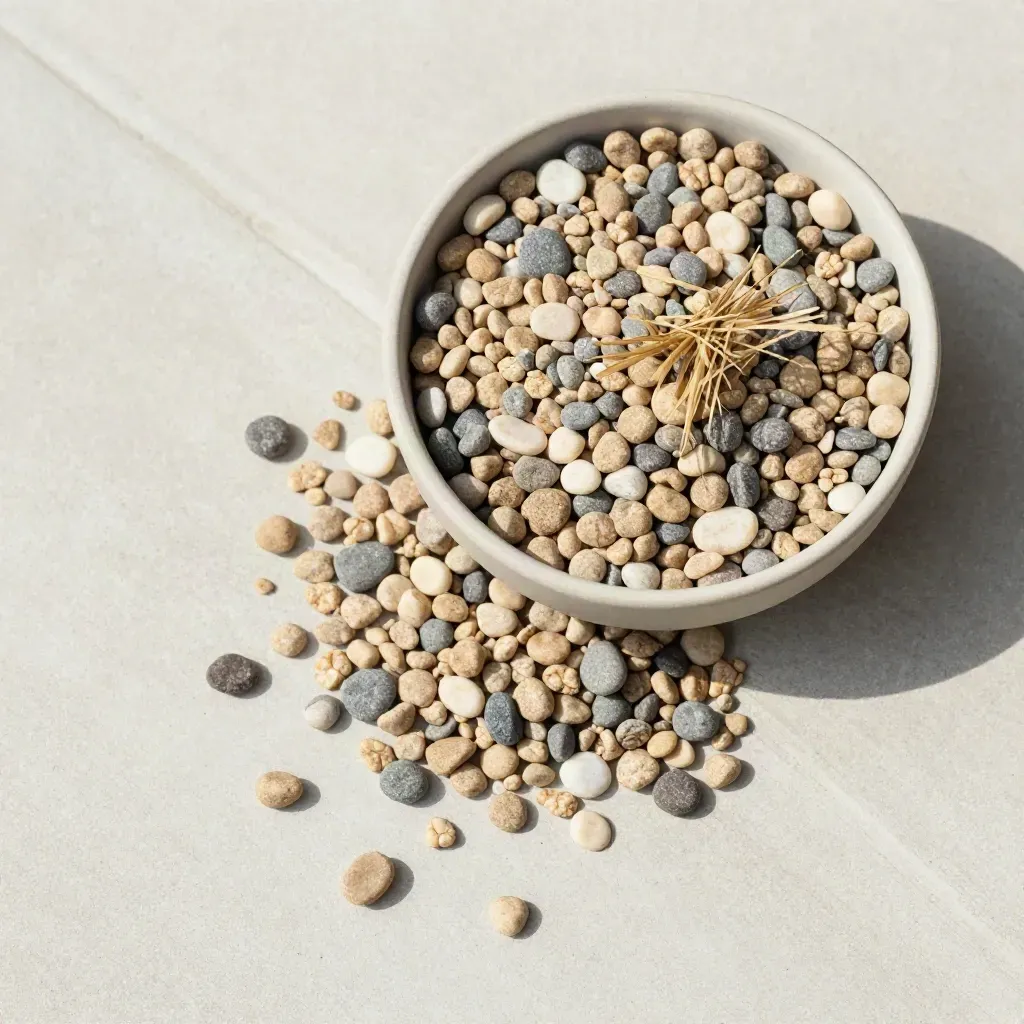 Zierkies in Schale mit Gras auf hellem Beton, von oben inszeniert.