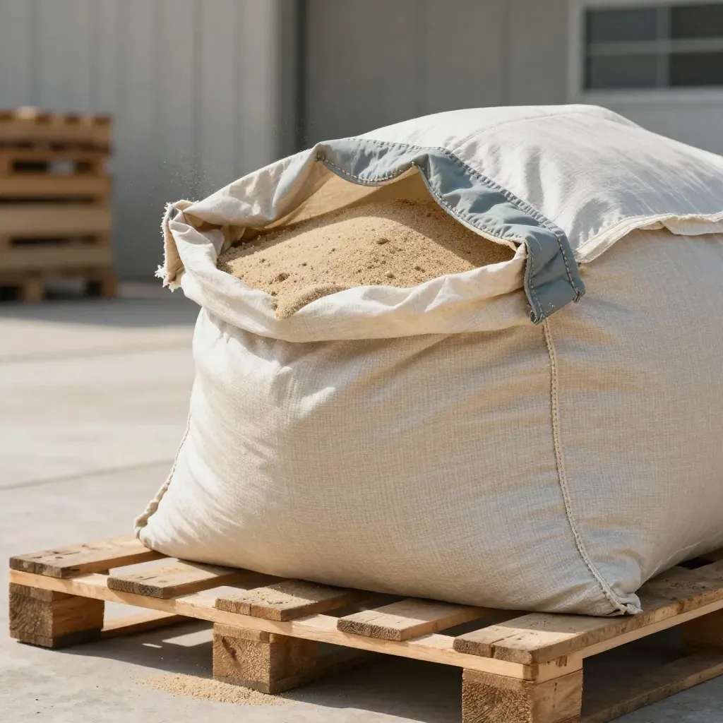 Füllsand-Big-Bag auf Palette im staubigen Lagerlicht mit petrolfarbener Plane.