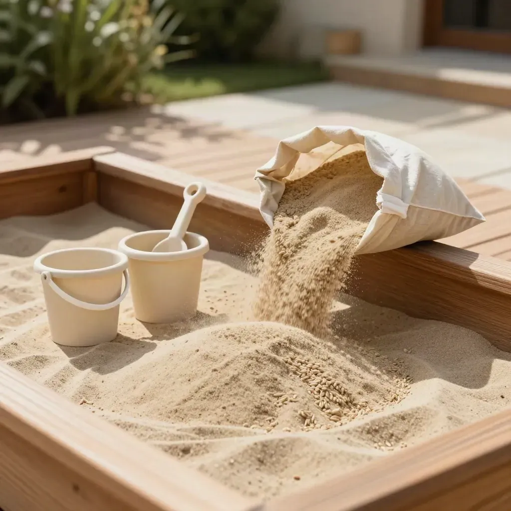 Offener Spielsand-Sack am Holzsandkasten, Sand rieselt in einen Kasten mit Eimern und Schaufel.