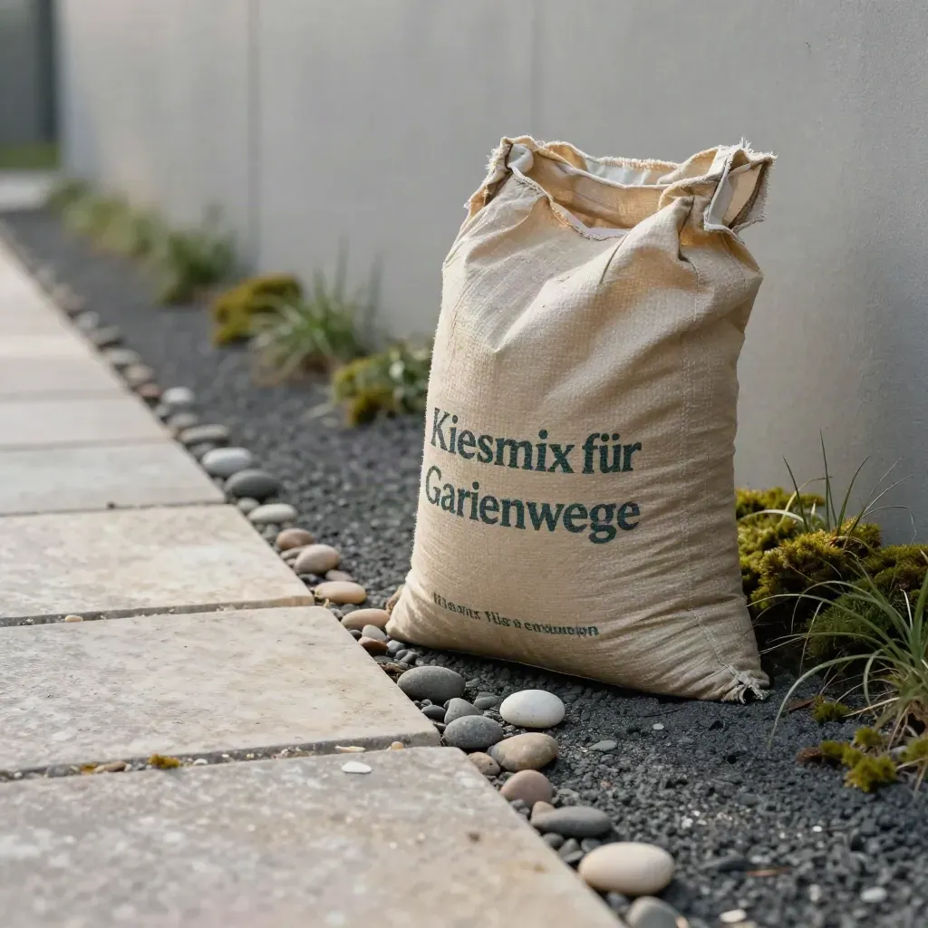 Kiesmix-Sack neben hellem Plattenweg, Grasbüschel und verstreuten Steinen im warmen Licht